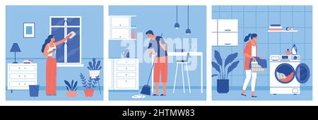 Woman cleaning window while man sweeps floor and another woman washes clothes flat vector illustration Stock Vector