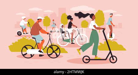 Personal eco transport flat background with people engage in sports with scooter bike moped skate vector illustration Stock Vector