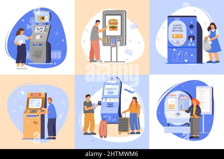 Convenience and joy of using self service machines set flat isolates vector illustration Stock Vector