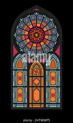 Central vertical stained glass mosaic window of the gothic church flat vector illustration Stock Vector