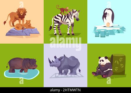 Zoo wild animals concept with penguin lion zebra rhinoceros panda hippo monkey colorful background set vector illustration Stock Vector