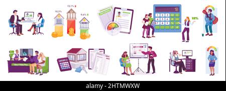 Bank services flat set with financial advisor for investment account interest rates and loan calculator vector illustration Stock Vector