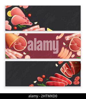 Butcher shop meat products 3 flat appetizing background banners with ham bacon sausages beef shanks vector illustration Stock Vector