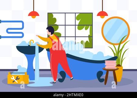 Plumber repairing broken leaking sink faucet in bathroom flat composition vector illustration Stock Vector