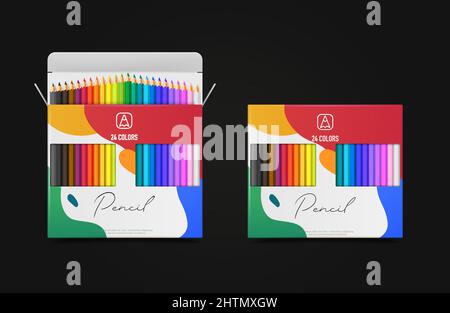 Colored multicolored pencils realistic design concept with packaging isolated vector illustration Stock Vector