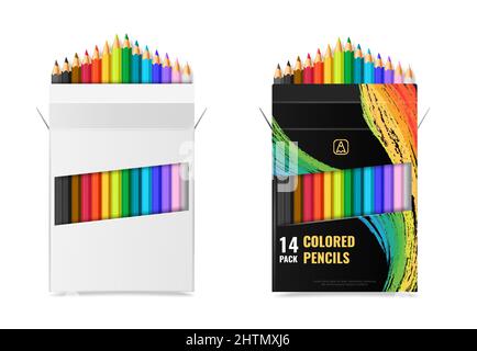 Realistic multi colored pencils in open blank and black with pattern boxes isolated vector illustration Stock Vector