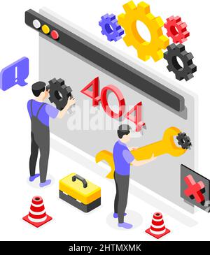 Error isometric composition abstract situation where technicians fix a bug with tools vector illustration Stock Vector