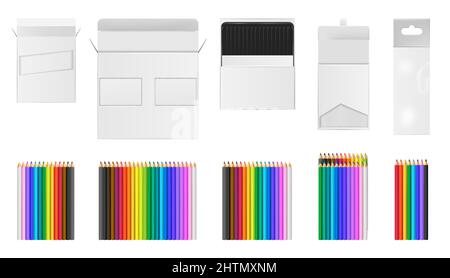 Colored bright multicolored pencils realistic set with blank packaging isolated vector illustration Stock Vector