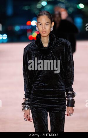 Paris, France on March 1 2022. Paris, France, March 1, 2022, Model Seng Khan  walks on the runway at the Saint Laurent fashion show during Fall/Winter  2022 Collections Fashion Show at Paris Fashion Week in Paris, France on  March 1, 2022. (Photo by