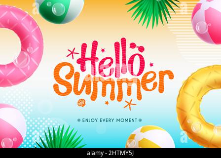 Summer vector background design. Hello summer text in colorful gradient background with floaters, beach ball and leaves elements for sunny tropical. Stock Vector