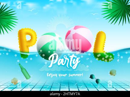 Summer party vector concept design. Pool party typography creative text with floating beach ball and inflatable letters in front view underwater. Stock Vector