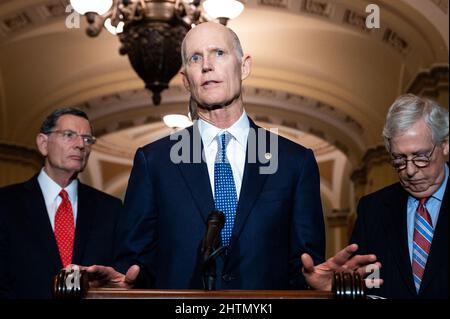 Washington, United States. 01st Mar, 2022. U.S. Senator Rick Scott (R-FL) speaks at a press conference of the Senate Republican caucus leadership. Credit: SOPA Images Limited/Alamy Live News Stock Photo