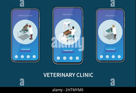 Veterinary clinic service 3 isometric mobile screens set with pets vaccination radiography diagnostic tests sampling vector illustration Stock Vector