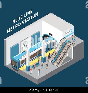 Blue line metro station isometric interior view of train platform escalator delivering passengers to exit vector illustration Stock Vector