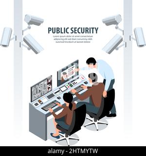 Isometric public security background with editable text images of cameras on posts and visual control point vector illustration Stock Vector