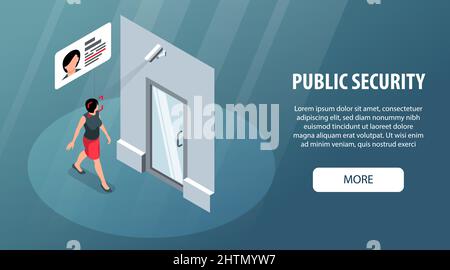 Isometric public security horizontal banner with door camera recognizing womans face and editable text with button vector illustration Stock Vector