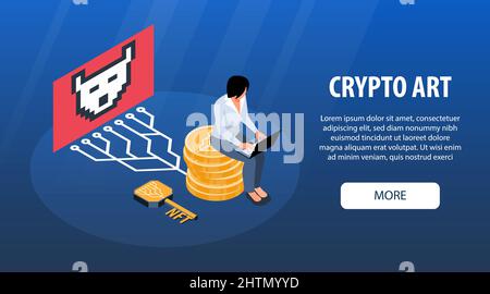 Isometric nft horizontal banner with painting electronic key and coins images editable text and more button vector illustration Stock Vector