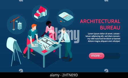 Architectural agency isometric landing page banner with architects team discussing building design project modeling construction vector illustration Stock Vector