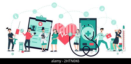 Telemedicine cartoon header title horizontal composition with heartbeat stethoscope online medical advice on tablet smartphone vector illustration Stock Vector