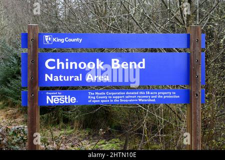 Carnation, WA, USA - Blue and white King County sign for Chinook Bend Natural Area in the Snoqualmie Valley. Stock Photo