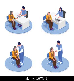 Isometric set of grandmothers in doctors offices receiving health advice vector illustration Stock Vector
