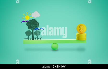 Coins on scales with the environment, balancing money and nature, eco environmental balance concept 3D illustration Stock Photo