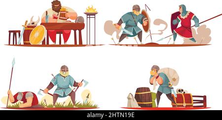 Vikings life concept eating meal fighting on battlefield carrying booty preserve food 4 cartoon compositions vector illustration Stock Vector