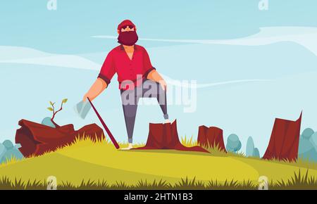 Bearded lumberjack with axe posing with one foot on tree stump cartoon forest edge background vector illustration Stock Vector