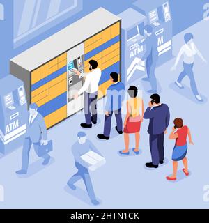 Post terminal with people standing in line to automated lockers isometric background vector illustration Stock Vector