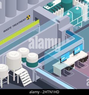 Toxic waste nuclear chemical pollution biohazard isometric colored composition with waste treatment vector illustration Stock Vector