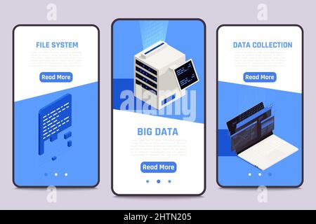Big data analysis isometric vertical banners set with collection symbols isolated vector illustration Stock Vector