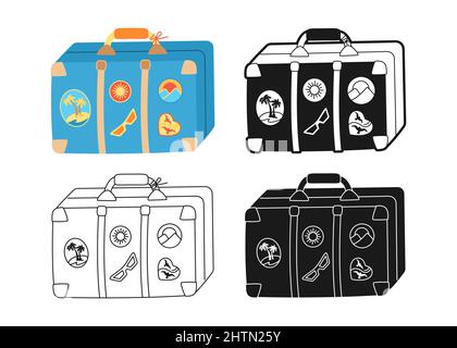 Suitcase travel symbol cartoon drawn or stamp, doodle set. Luggage bag simple line sign. Baggage for trip and tourism retro old icon and sticker. Vintage design mobile app vector illustration Stock Vector