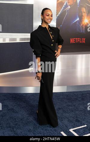 New York, United States. 28th Feb, 2022. Zoe Saldana wearing dress by Yves Saint Laurent attends The Adam Project by Netflix premiere at Alice Tully Hall (Photo by Lev Radin/Pacific Press) Credit: Pacific Press Media Production Corp./Alamy Live News Stock Photo