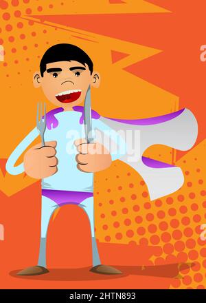 Funny cartoon man dressed as a superhero holding up a knife and fork. Vector illustration. Stock Vector