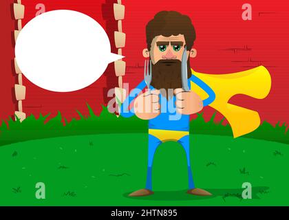 Funny cartoon man dressed as a superhero holding up a knife and fork. Vector illustration. Stock Vector