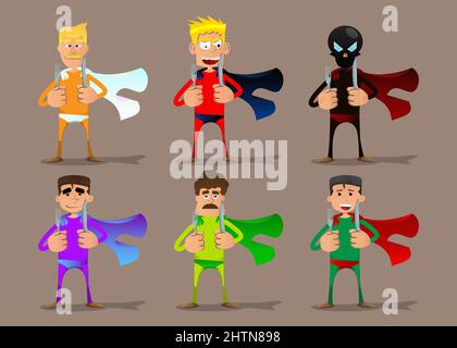 Funny cartoon man dressed as a superhero holding up a knife and fork. Vector illustration. Stock Vector