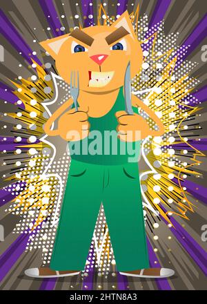 Funny Cartoon Cat Holding Up A Knife And Fork. Vector Illustration 