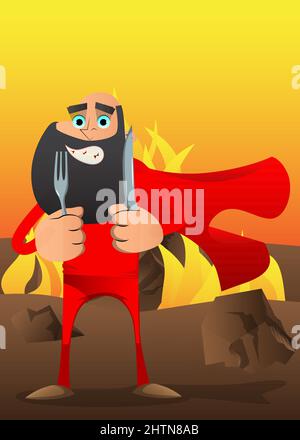 Funny cartoon man dressed as a superhero holding up a knife and fork. Vector illustration. Stock Vector