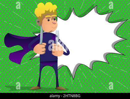 Funny cartoon man dressed as a superhero holding up a knife and fork. Vector illustration. Stock Vector