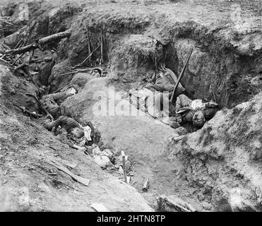 Dead German soldiers in a captured German trench. Near Ginchy. August 1916. Stock Photo