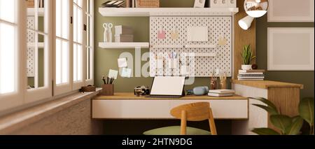 Modern Scandinavian contemporary home working space interior with wooden desk, portable tablet white screen mockup, decorations, shelf, picture frame Stock Photo