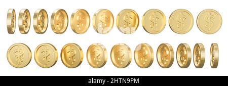 Set of golden dollar coin in different shape on white background. 3d rendering illustration. Stock Photo