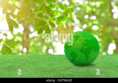 green grass globe earth on meadow over blur nature background. World environment day concept Stock Photo