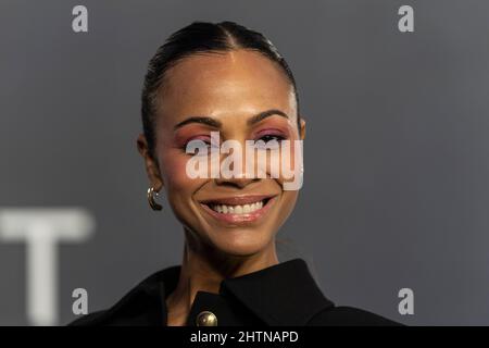 New York, New York, USA. 28th Feb, 2022. Zoe Saldana wearing dress by Yves Saint Laurent attends The Adam Project by Netflix premiere at Alice Tully Hall (Credit Image: © Lev Radin/Pacific Press via ZUMA Press Wire) Stock Photo