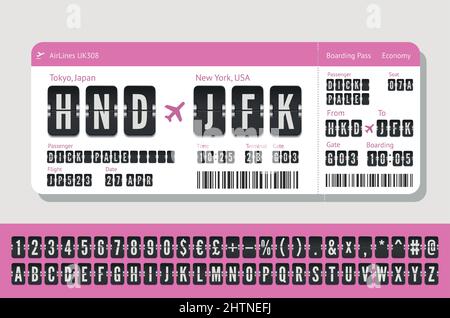 Airline vector ticket with flip scoreboard alphabet isolated on white. Pink paper boarding pass with airport board alphabet Stock Vector