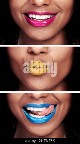 Theres a shade for every mood. Composite shot of an unidentifiable model wearing different shades of lipstick. Stock Photo
