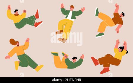 People fall down after slip, slide on wet floor or stumble. Vector flat illustration with person falling with injury risk. Men and women in shock and panic tumble down Stock Vector