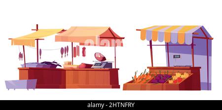 Outdoor farm market stalls, wooden fair booths or kiosks with awning and farmer food, fish, meat butcher or fishery products and vegetables. Isolated wood vendor counters, Cartoon vector illustration Stock Vector