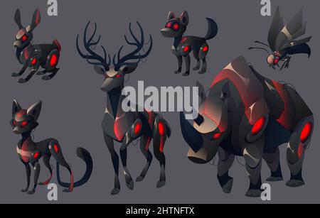 Evil mechanical animals, deer, cat, dog, wasp, rhinoceros and rabbit robots. Vector cartoon set of futuristic angry pets cyborgs, black mechanic rhino, reindeer, puppy isolated on gray background Stock Vector