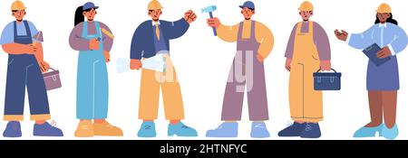 Construction workers, builder, engineer and technician. Vector flat illustration of people working in building industry, professional repairman, architect, house painter and foreman Stock Vector